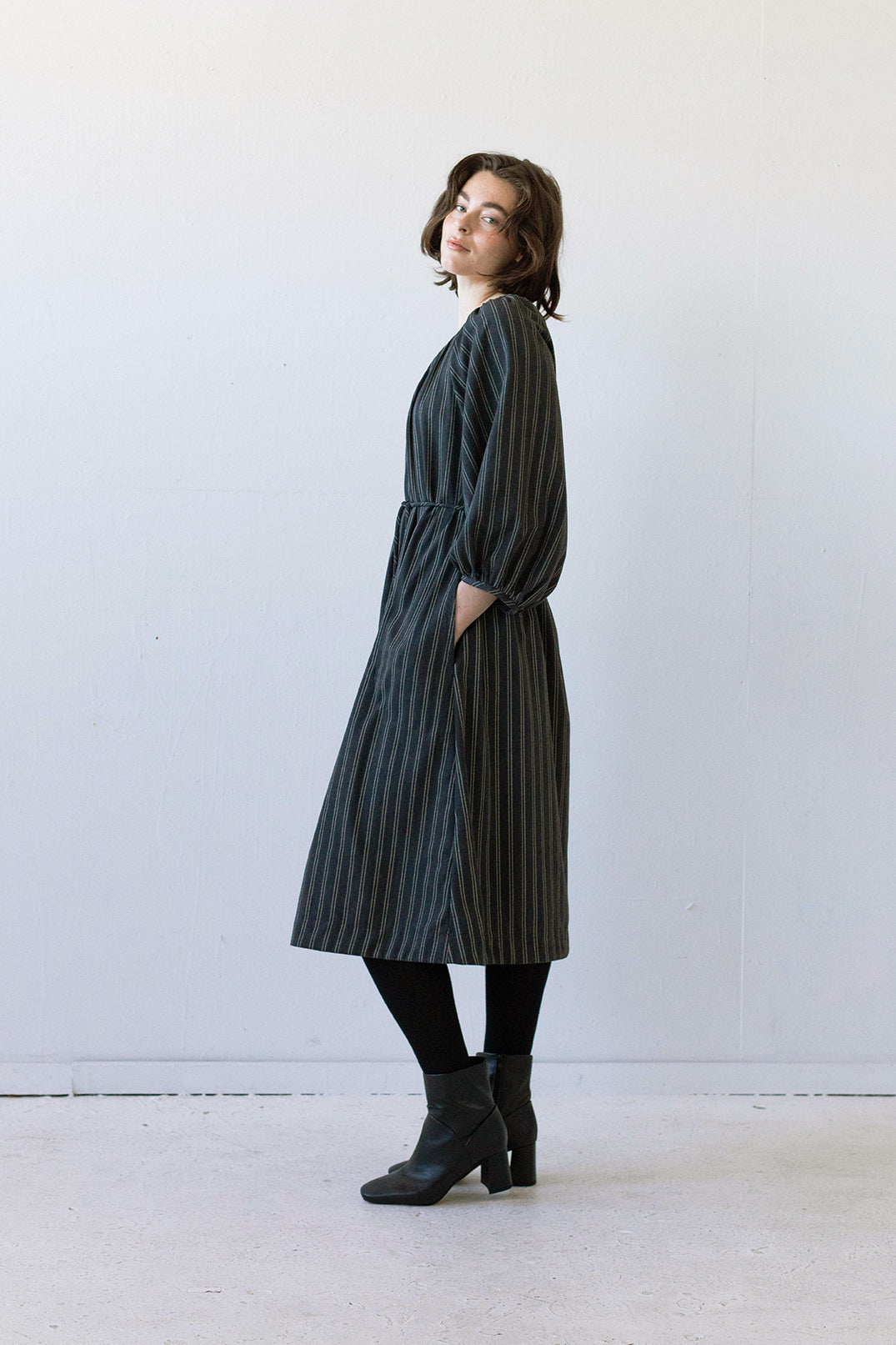 SAMPLE SALE - Prisca Dress in Charcoal Pinstripe - MEDIUM