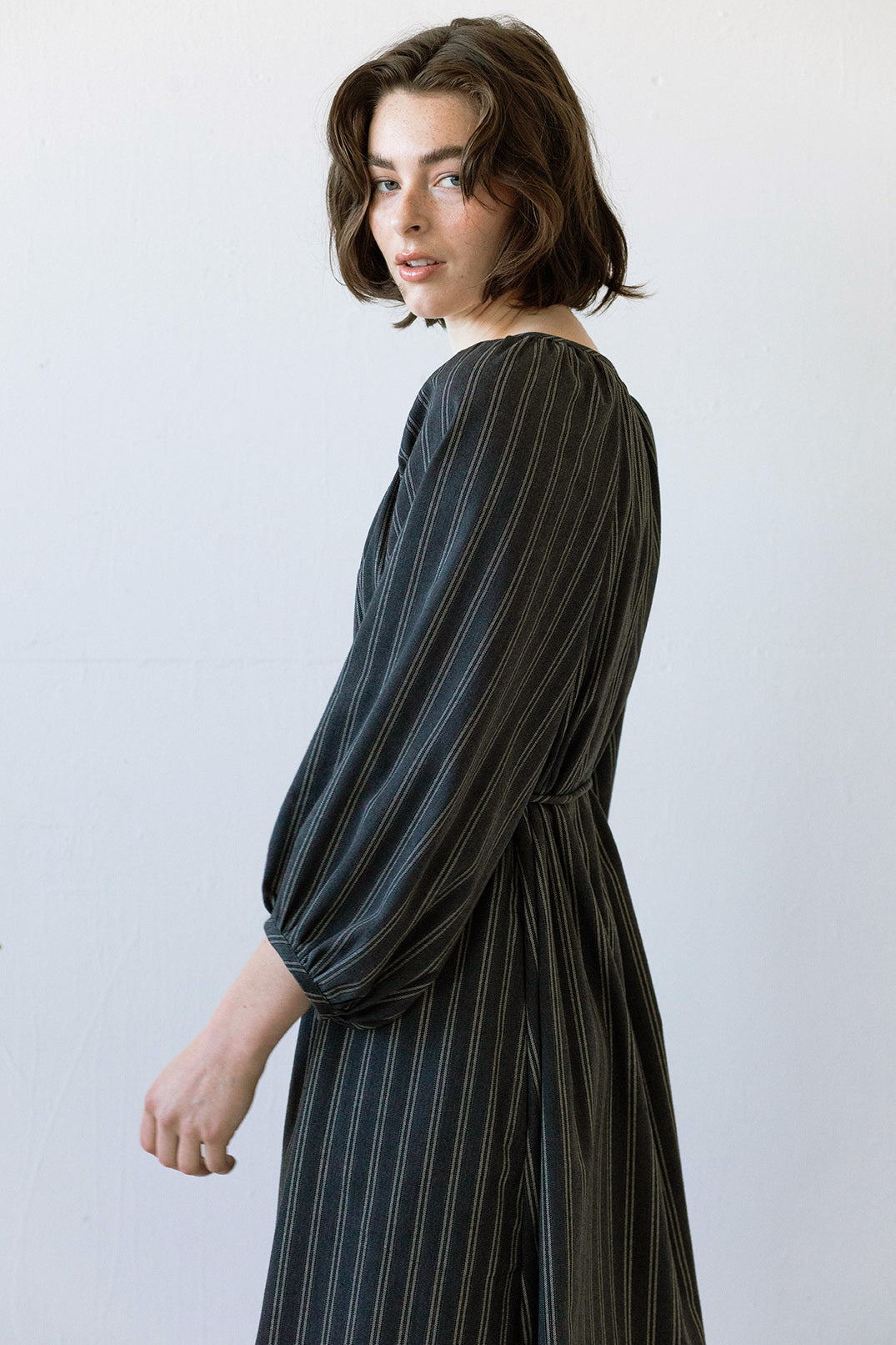 SAMPLE SALE - Prisca Dress in Charcoal Pinstripe - MEDIUM