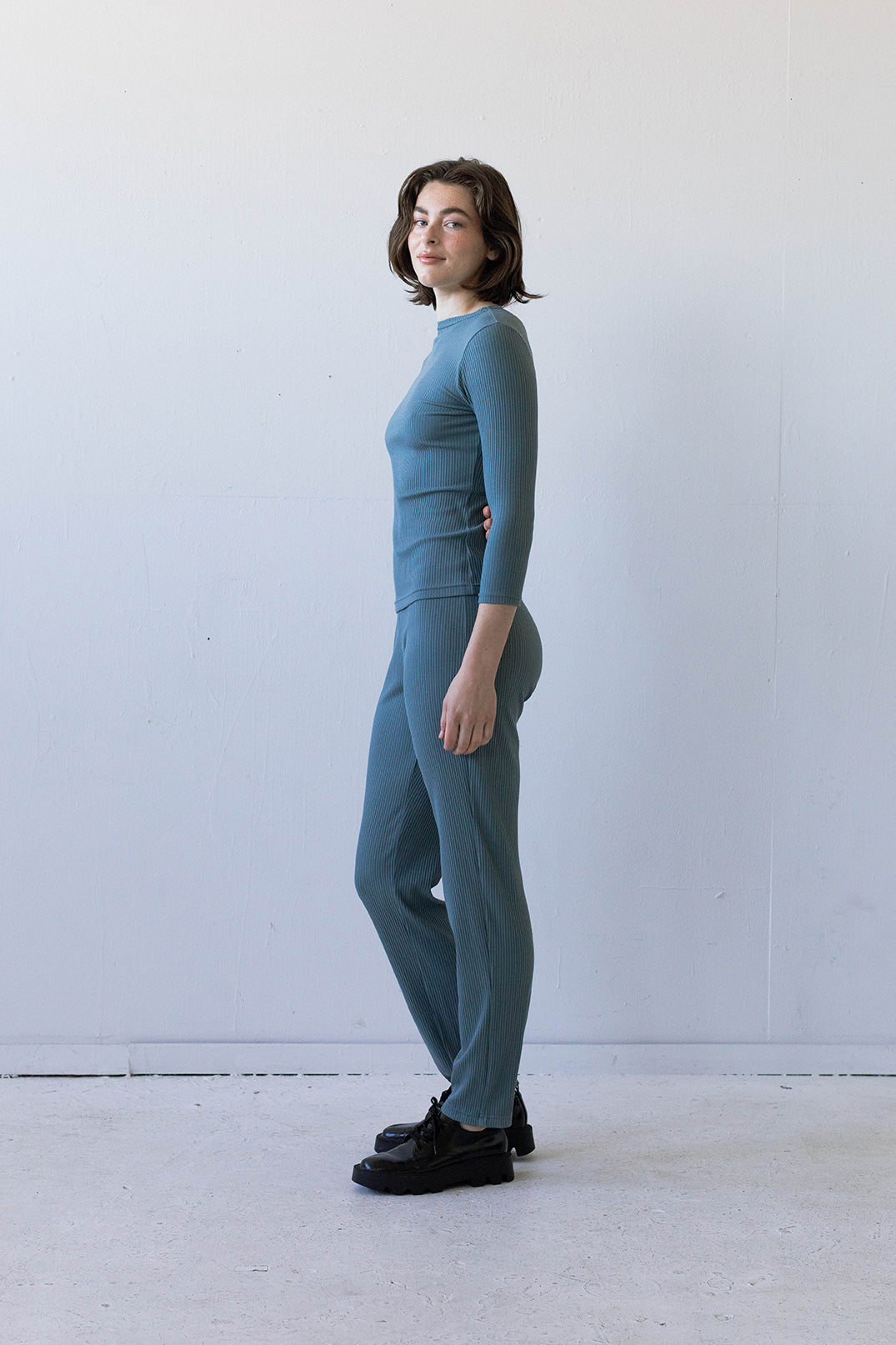 SAMPLE SALE - Elio Lounge Pant in Dusty Blue Rib Knit - SMALL/LONG