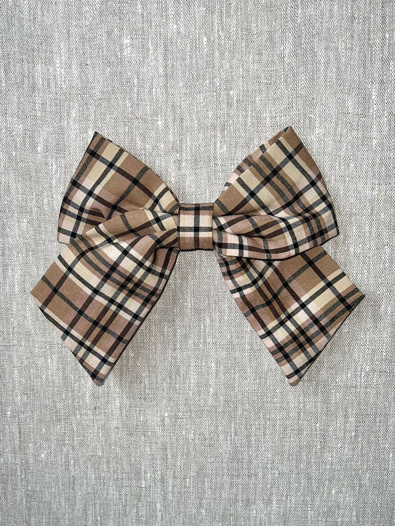 Sailor Bow Barrette in Camel Plaid