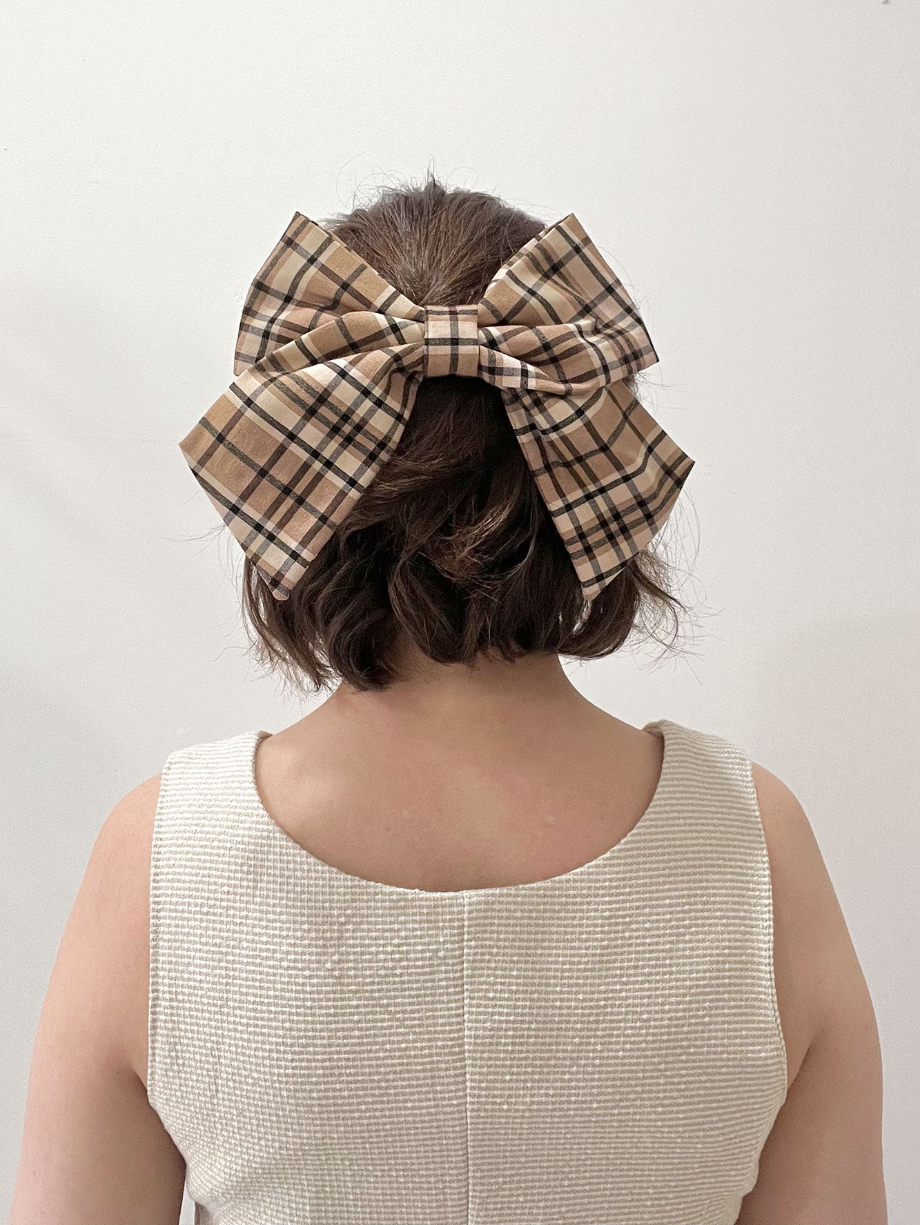 Sailor Bow Barrette in Camel Plaid