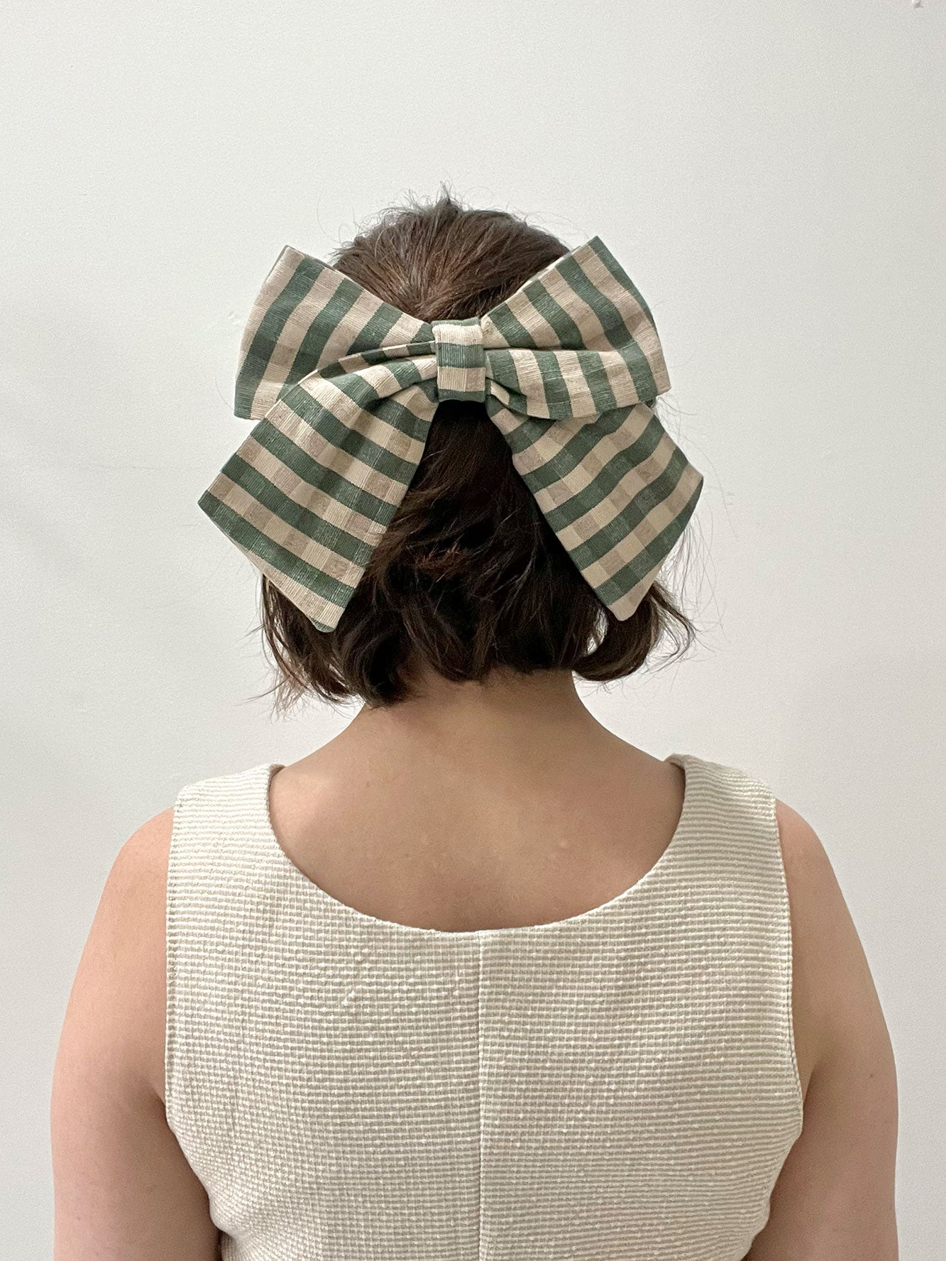 Sailor Bow Barrette in Olive Gingham