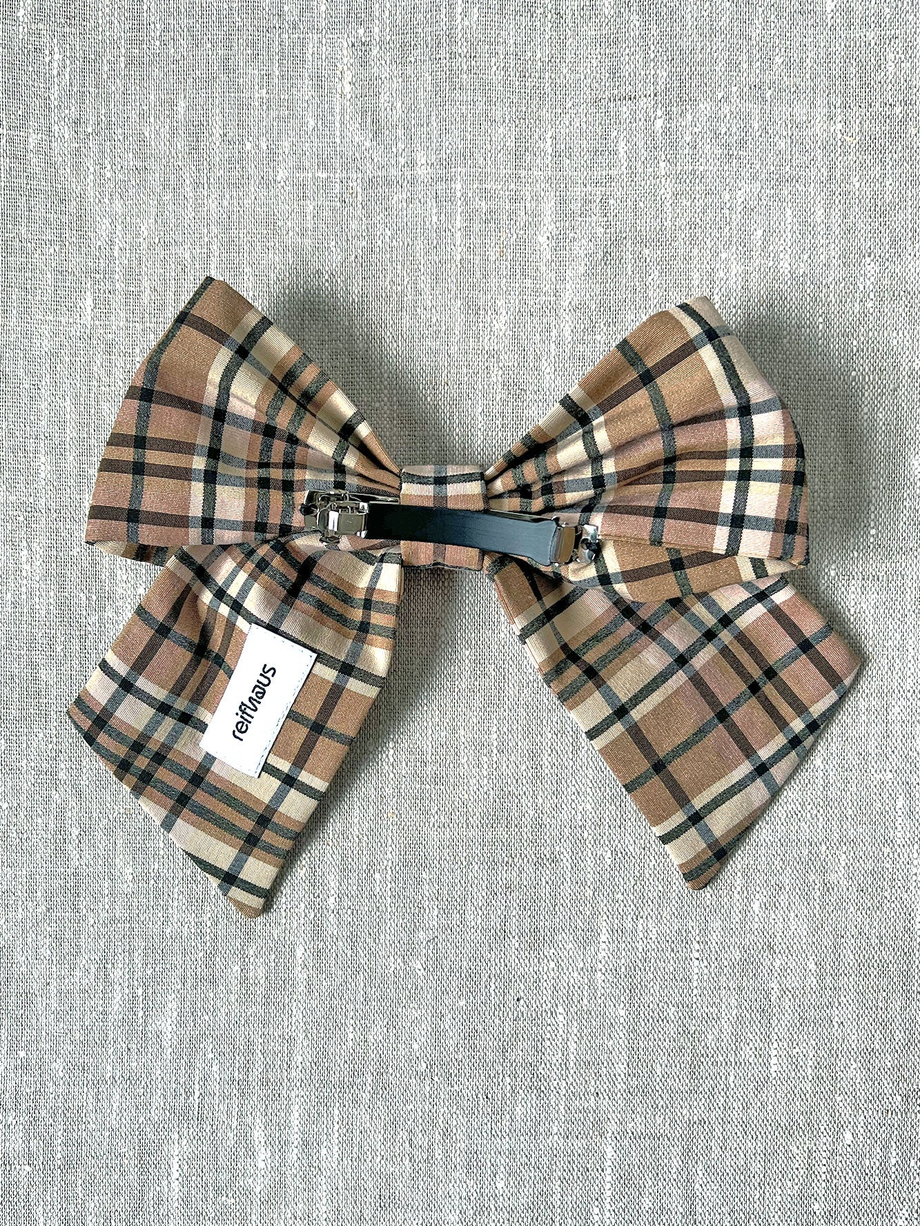 Sailor Bow Barrette in Camel Plaid