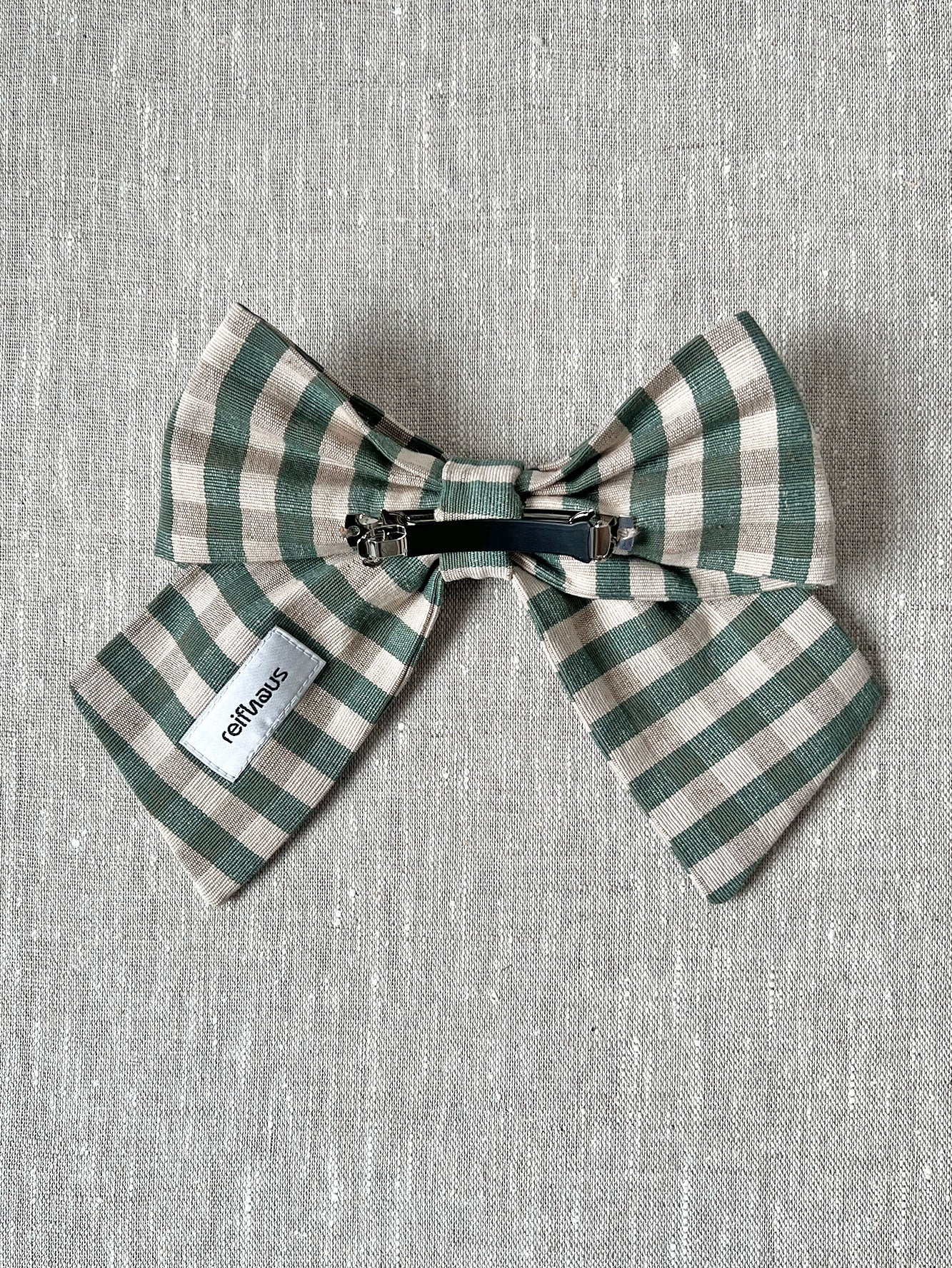 Sailor Bow Barrette in Olive Gingham